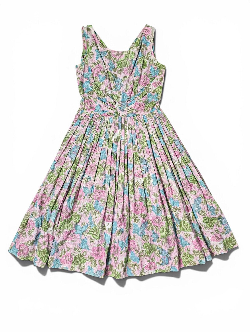 Pink Floral Fit And Flare Summer Dress Sleeveless Retro Style Pleated Midi